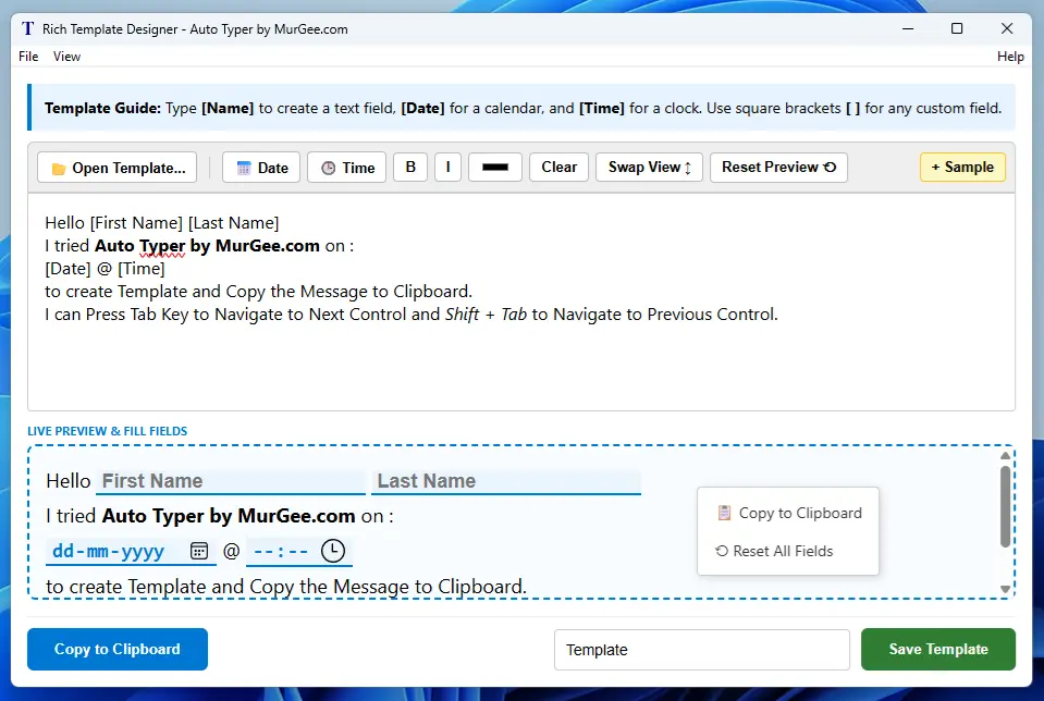 Screenshot Displaying Rich Text Template Designer with Sample Text Loaded with Edit, Date and Time Fields
