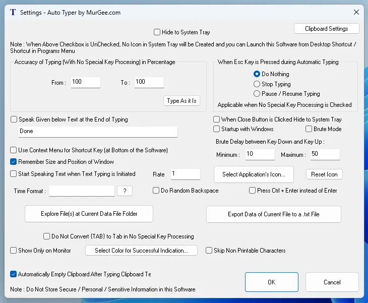 Screenshot Displaying Configurable Settings of Text Typing Software