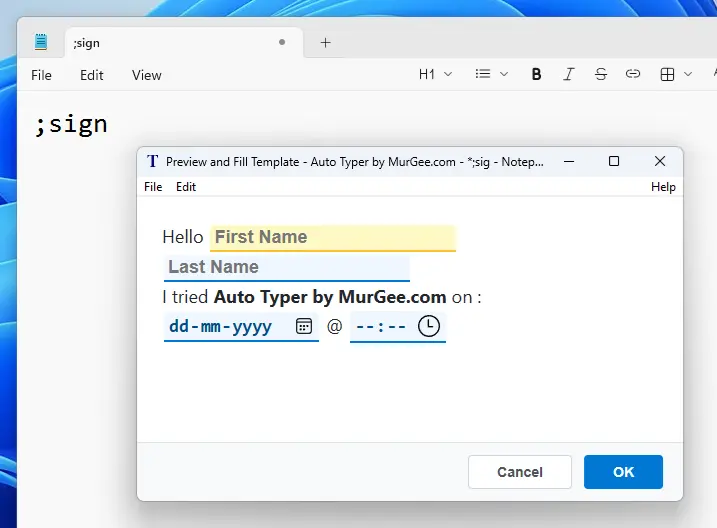 Screenshot Displaying Preview Window launched by snippet typed in Notepad to Paste Template Text